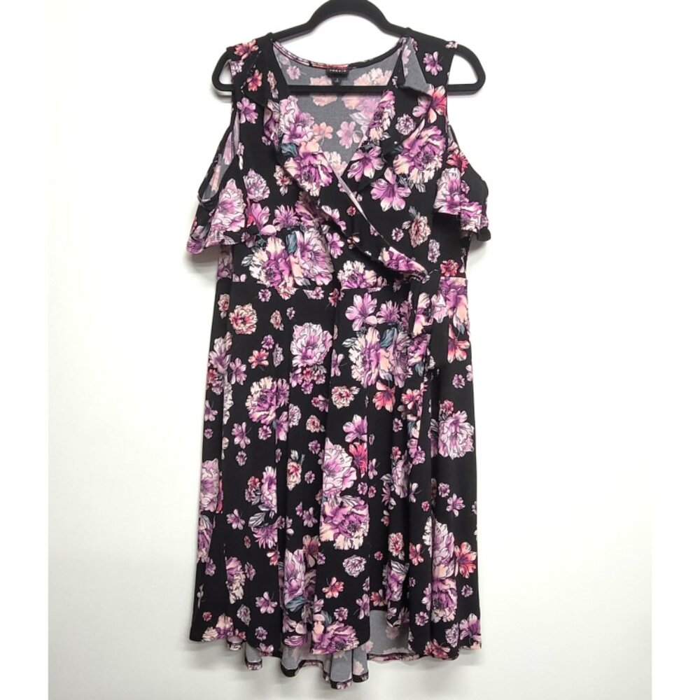Torrid 2 Black Floral Mini Studio Knit Cold Shoulder Wrap Dress 2X 18 20 - Picture 6 of 12